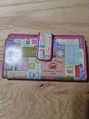Fossil Multicolor Patchwork Wallet with Pink Trim